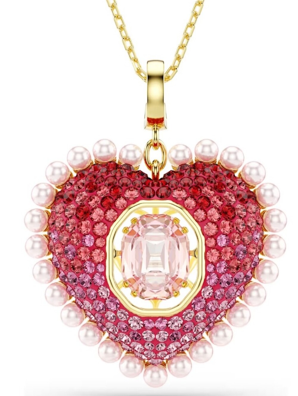 Swarovski Idyllia pendantMixed cuts, Heart, Pink, 18K gold finish